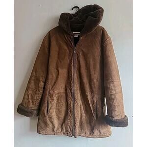 Women's 1X XL St John's Bay Real Suede Sherpa Lined Winter Zip Coat Brown Hooded